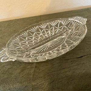 Crystal, cut glass dish, divided with decorative handles, 9”L, 7”W.